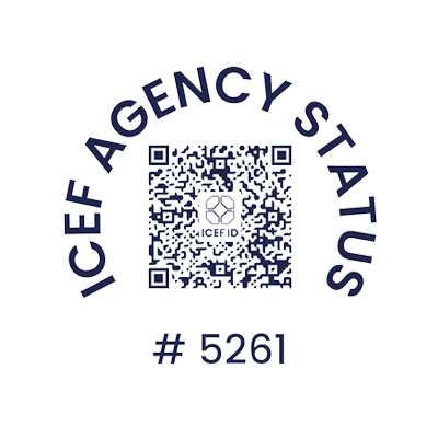 Um logotipo para o status da agência icef com um código QR