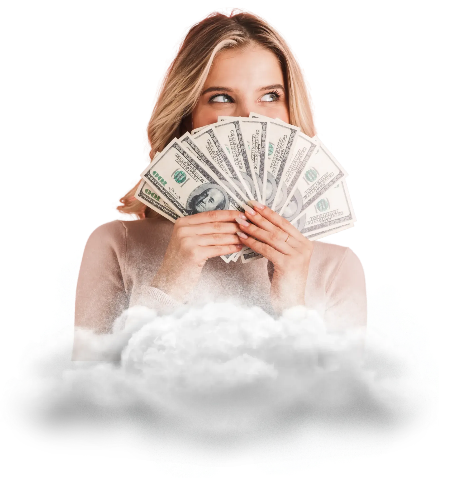 Uma mulher está segurando um leque de dinheiro na frente do rosto.