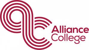O logotipo da Alliance College é um logotipo listrado de vermelho e branco.