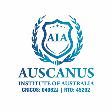 O logotipo do instituto da austrália é um escudo azul com uma coroa de louros ao redor.