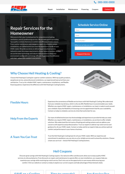 Home page for Hall Heating & Cooling, with service scheduling form and HVAC unit graphic.