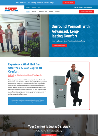 Website homepage with HVAC technicians, comfort messaging, and contact details.