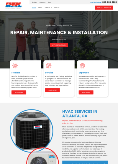 Website header with HVAC services: repair, maintenance, and installation. People, text, and appliance.