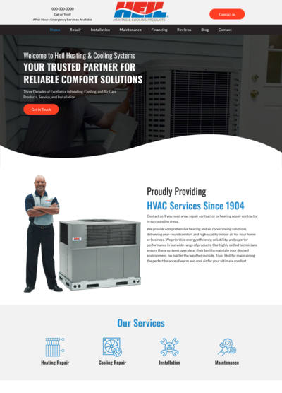 Website of a HVAC company showing text and images of their services.