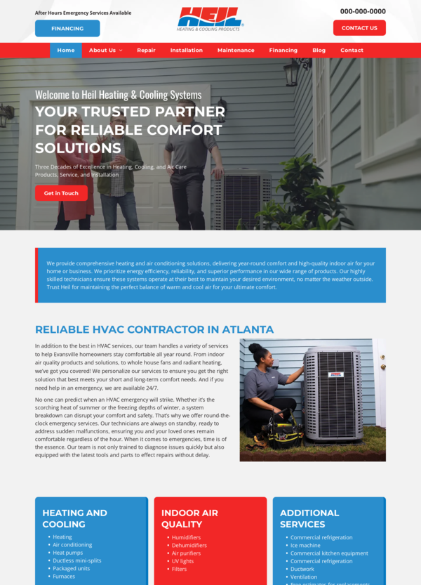 Home page for All Atlanta Heating & Cooling Systems featuring technicians and HVAC equipment.