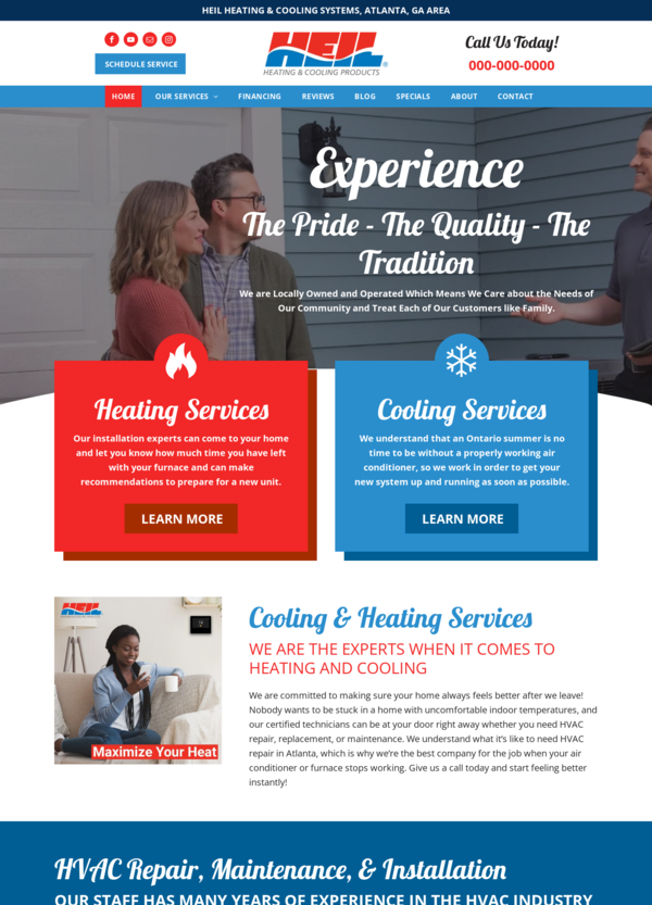 Website homepage: HVAC services company with a red/blue color scheme; features people and service descriptions.