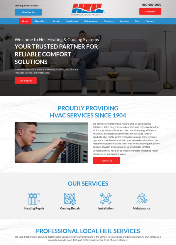 Website homepage for Heil Heating & Cooling, featuring HVAC services.