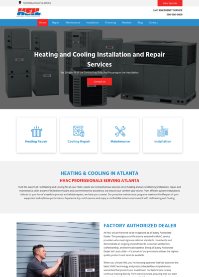 Website homepage: Heating and cooling services, equipment, and worker.