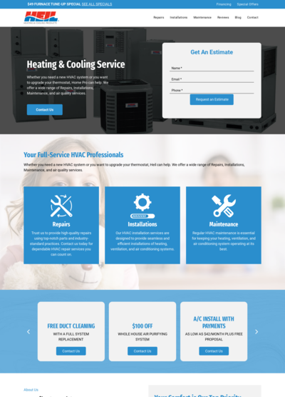 MSP Heating & Cooling website: homepage with a contact form and service icons.