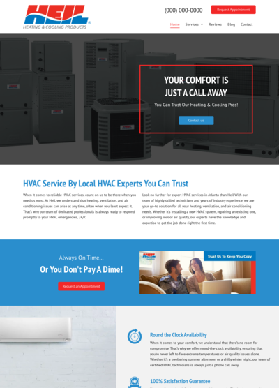 HGL HVAC website: Comfort slogan over HVAC equipment. Blue and white design.