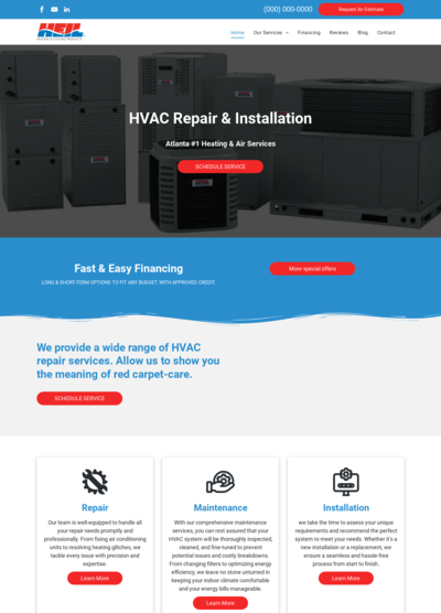 HVAC repair and installation website with images of HVAC systems, red and blue color scheme.