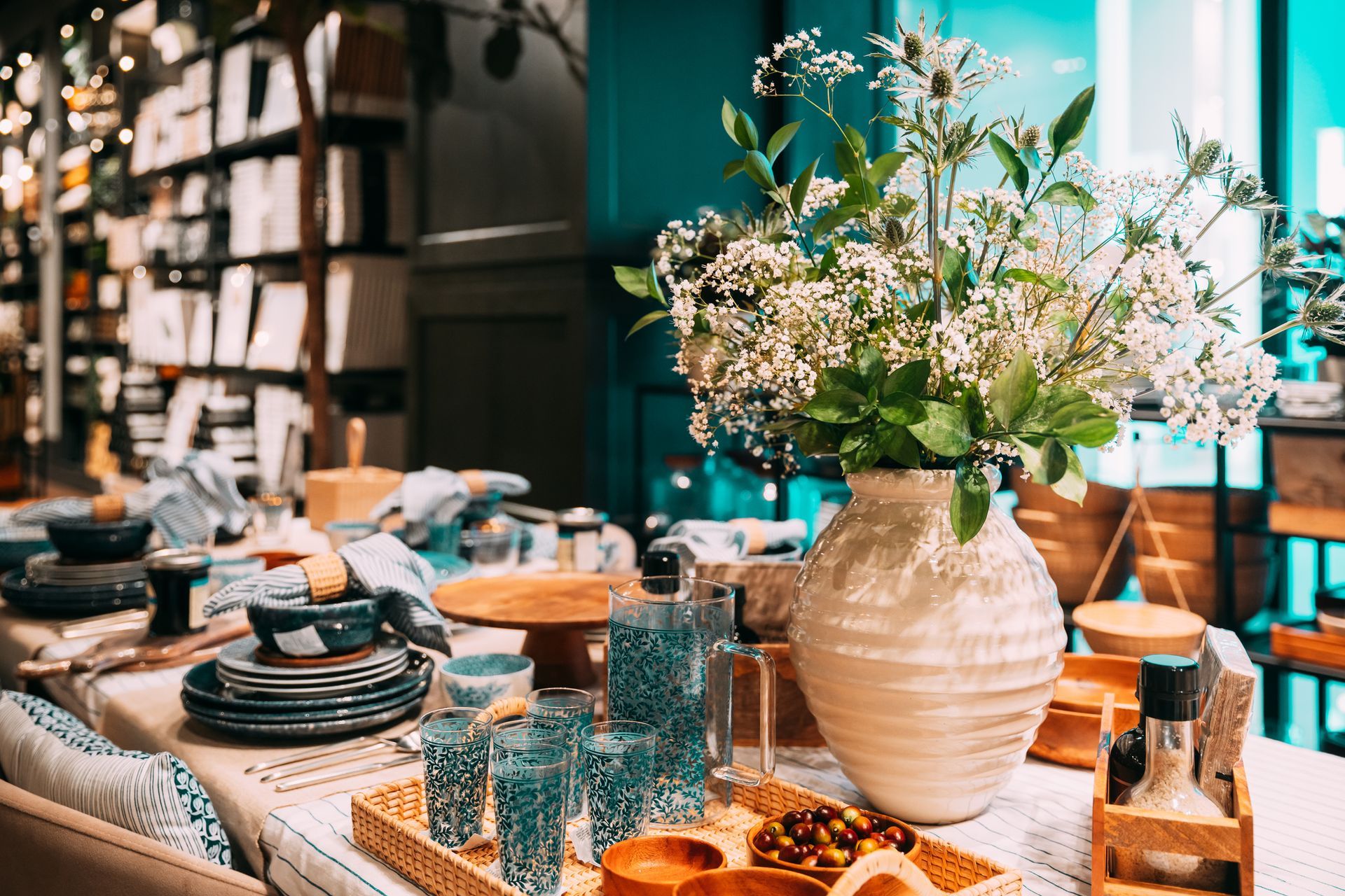 una mesa con platos , vasos y flores en un jarrón .