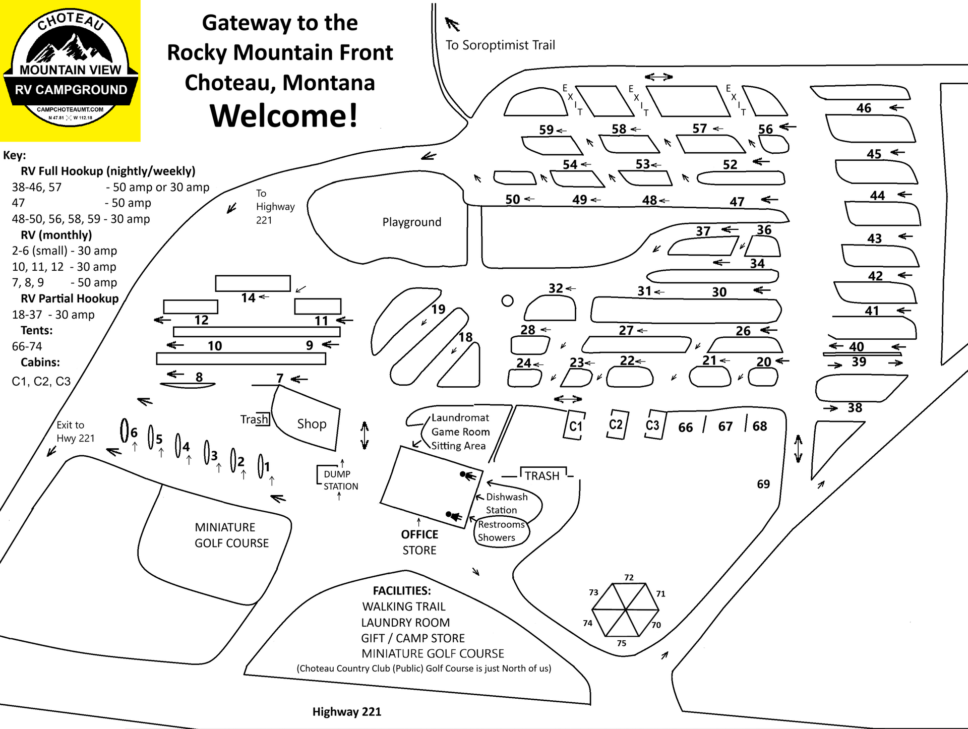 Campground map showing site numbers, amenities like playground, and access to Highway 19.