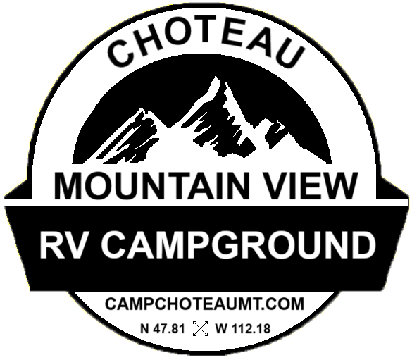 Logo for Choteau Mountain View RV Campground, black and white. Text includes campground name, website, and coordinates.