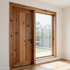 Wooden front door beside a large floor-to-ceiling window in a bright, empty room.