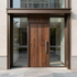 Modern building entrance with a wooden door and large glass sidelights