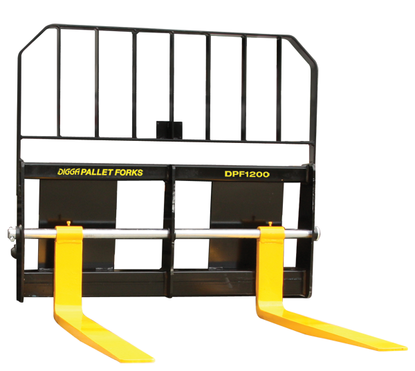 A pair of yellow forks are attached to a black pallet fork