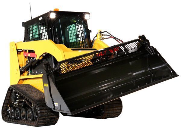 A yellow tractor with a black bucket on a white background
