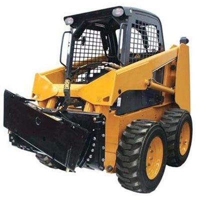 A yellow and black skid steer with a black bumper