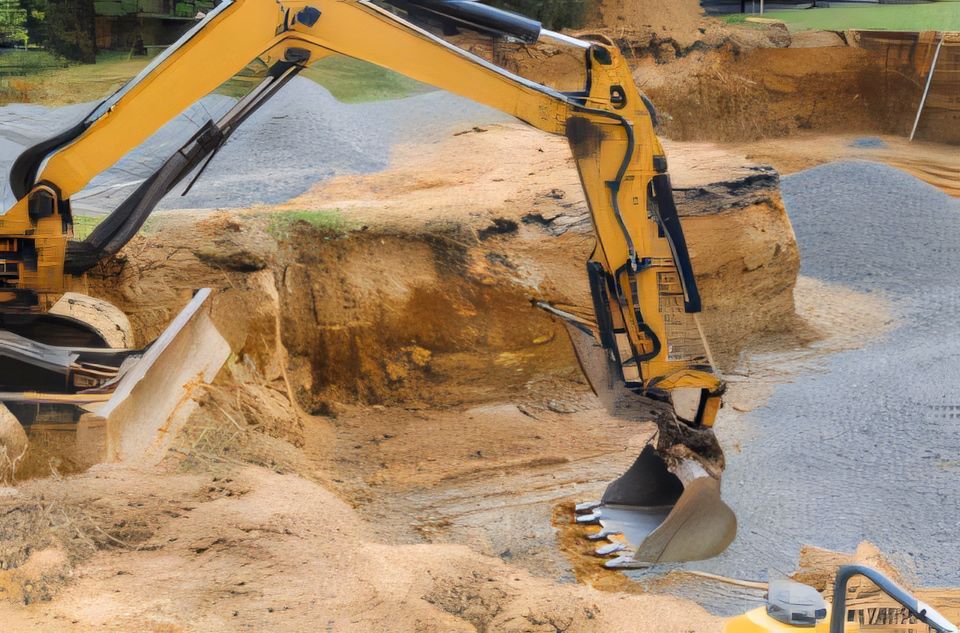 A yellow excavator is digging a hole in the ground