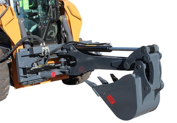 A yellow tractor with a bucket attached to it