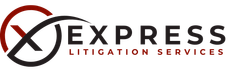 The logo for x express litigation services is black and red.