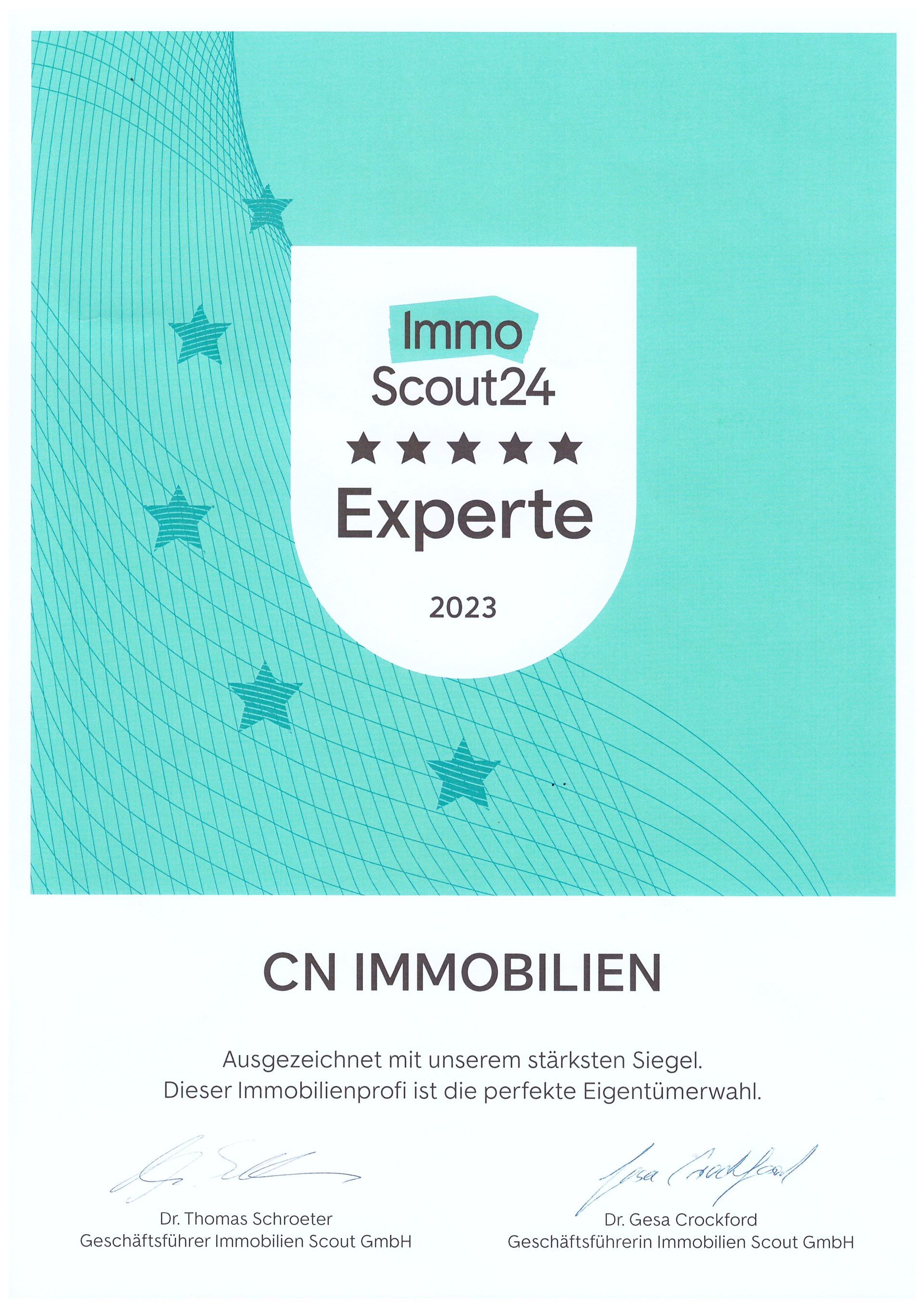 A certificate that says immo scout24 experte on it