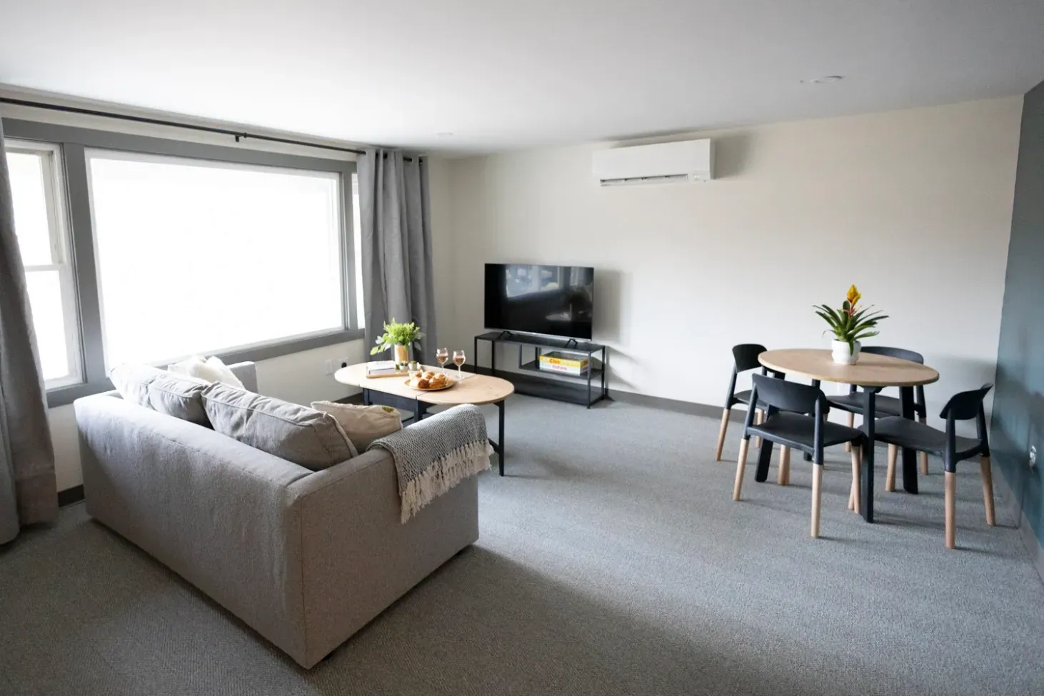Bright living room with gray sofa, TV, dining table, large windows, and carpeted floor