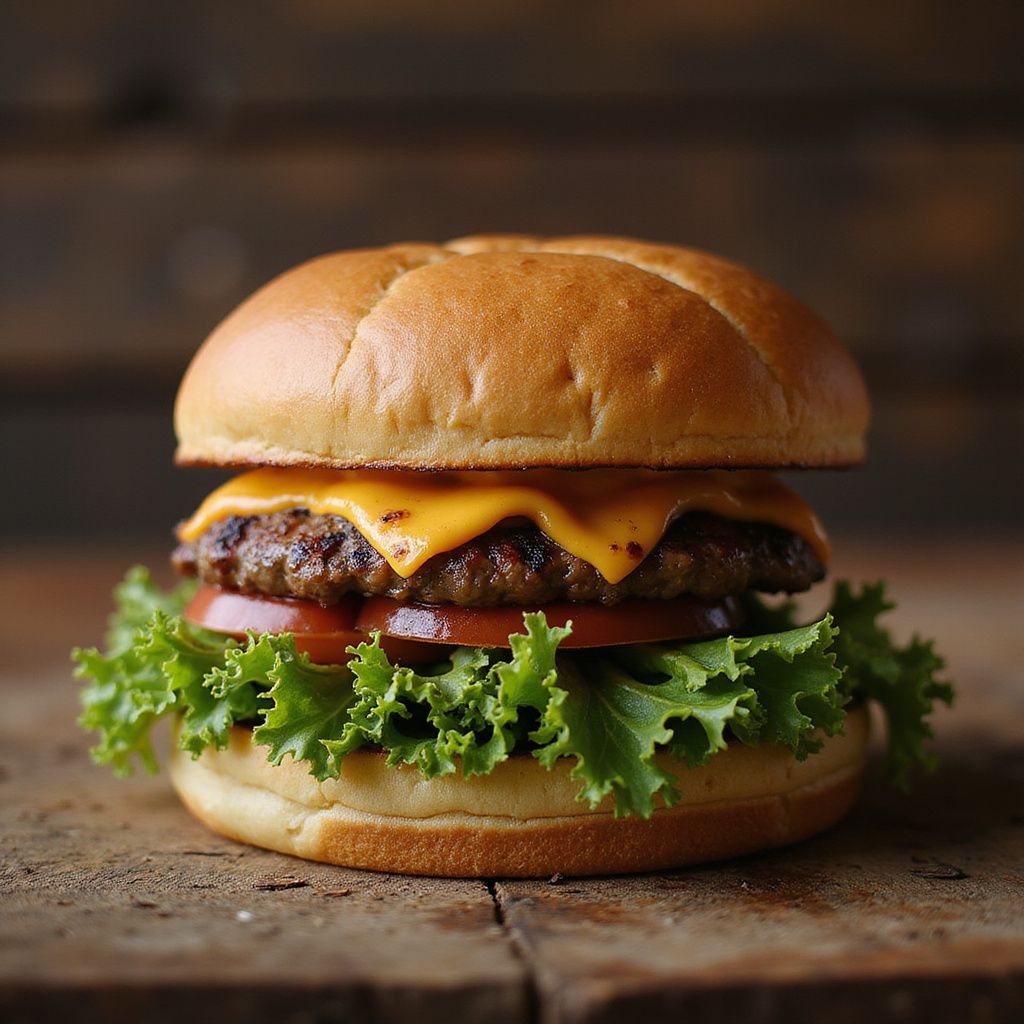 Cheeseburger on a bun with lettuce, tomato, and melted cheese, set against a wooden background.