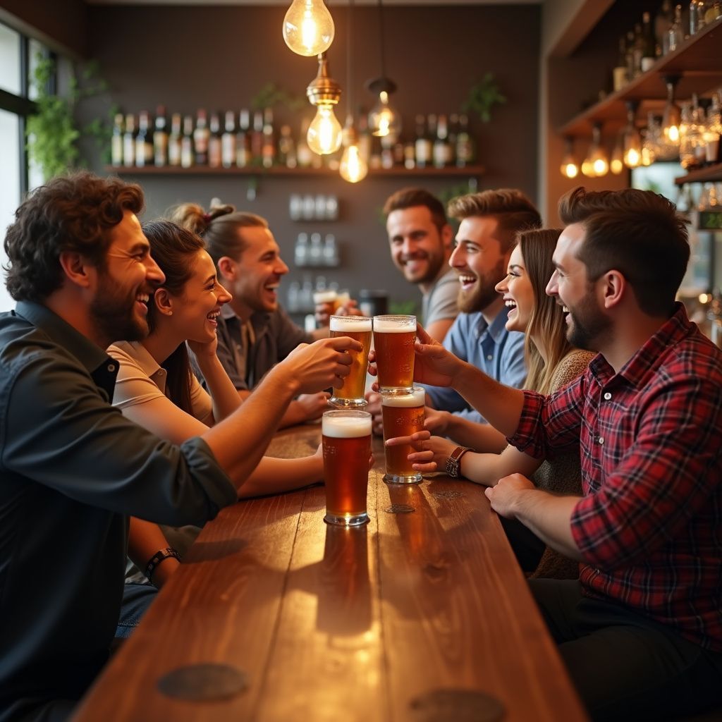 Group of friends toasting beers at a bar, smiling and laughing. Wooden counter and shelves of liquor.