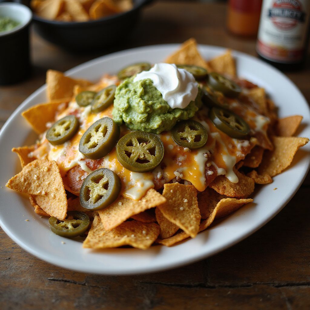 Plate of loaded nachos with guacamole, jalapeños, and sour cream.