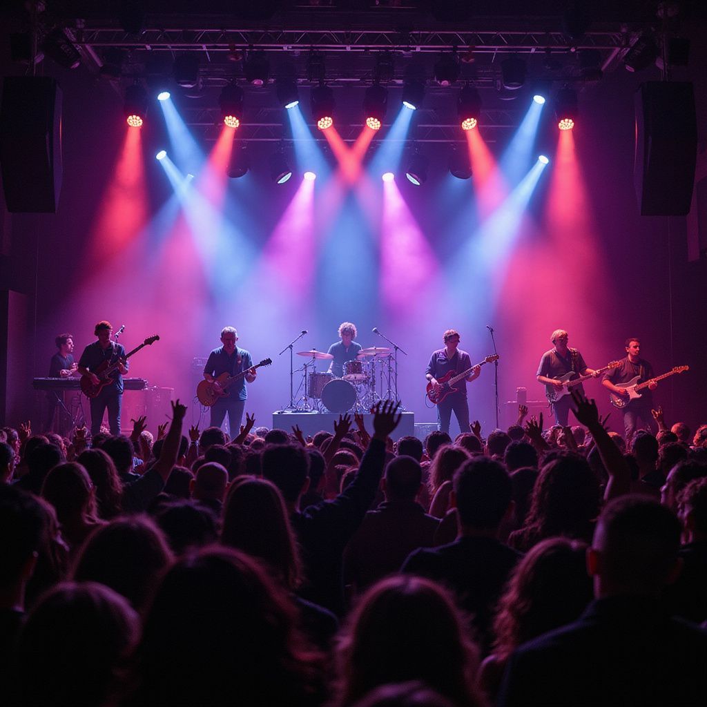 Band performing on stage with colorful lights, silhouetted by cheering crowd.