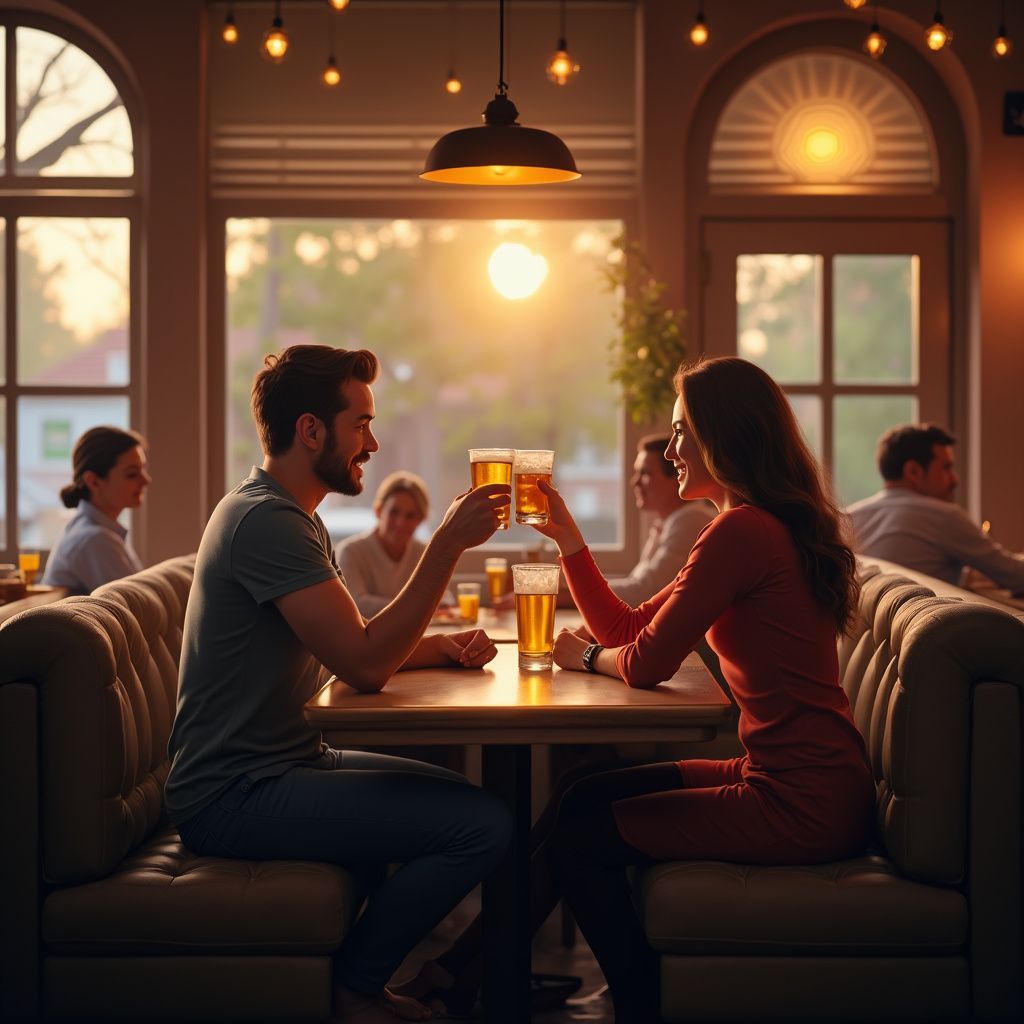 Couple toasting beers in a warmly lit restaurant. Other patrons seated at tables. Golden hour sunlight streams through windows.