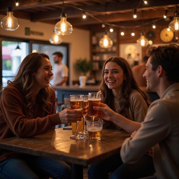 Three people toasting beers at a bar, smiling. Warm lighting, wooden table, drinks.