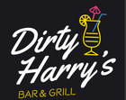 Dirty Harry's Bar & Grill logo with white script text and a neon cocktail icon on black background.