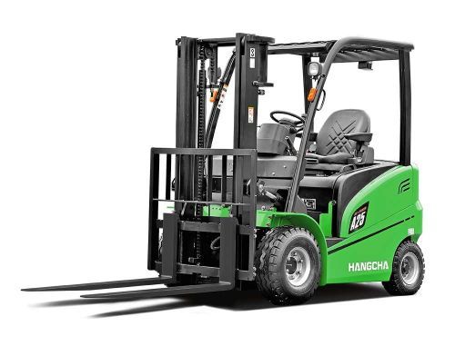 Green forklift with black forks and a black roll cage, on a white background.