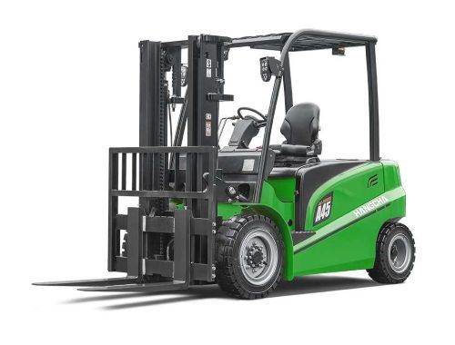 Green forklift on a white background, viewed from the side.