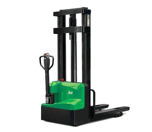 Green and black electric stacker in a warehouse.