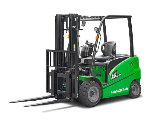Green forklift with black lift frame and forks, on a white background.