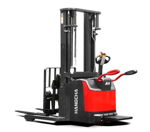 A Series High Range Stand-on Pallet Stacker with Reach Fork