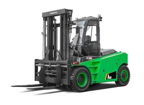 Green and black forklift on a white background, ready to lift.