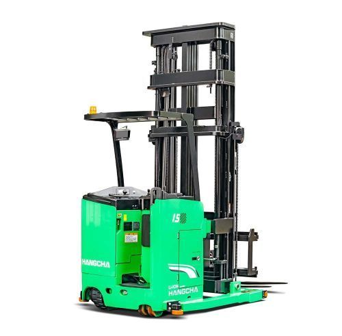 Green and black reach truck, designed for warehouse use, with forks extended.