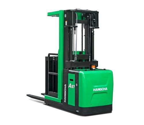 Green stand-up forklift with extended mast. The forklift has black forks and the brand name 