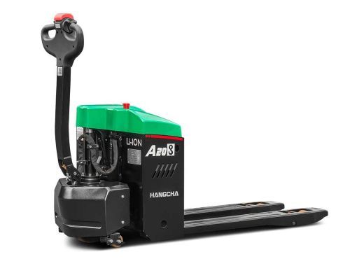 Powered pallet jack, black and green, on a white background.