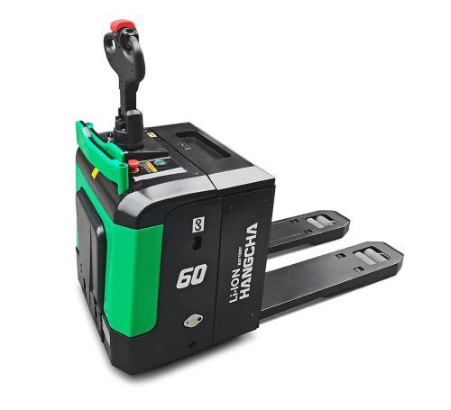 Green and black electric pallet jack with extended forks and control handle.
