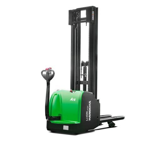 Green and black electric stand-up forklift.