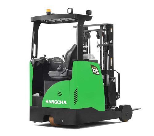 Green and black HanGcha stand-up forklift with operator controls and overhead guard.