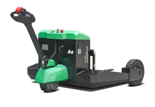 Electric pallet jack, green and black, with a long handle and wheels, on a white background.