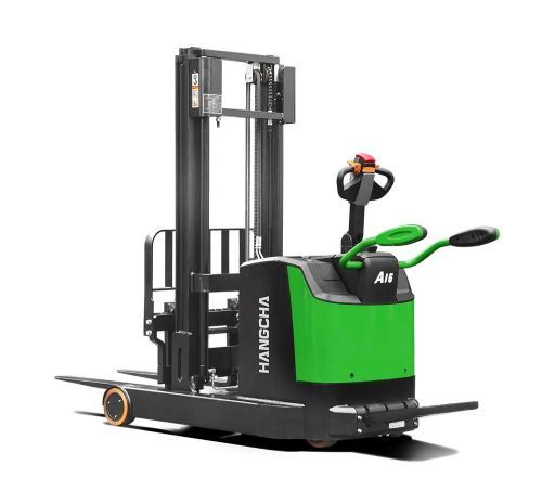 Green and black Hangcha stand-up forklift on a white background.