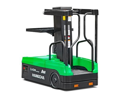 Green and black Hangcha order picker forklift with a raised platform.